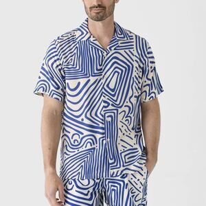 OAS Eldovado Viscose Short Sleeve Blue Button Up Camp Shirt S NEW Ivory Print